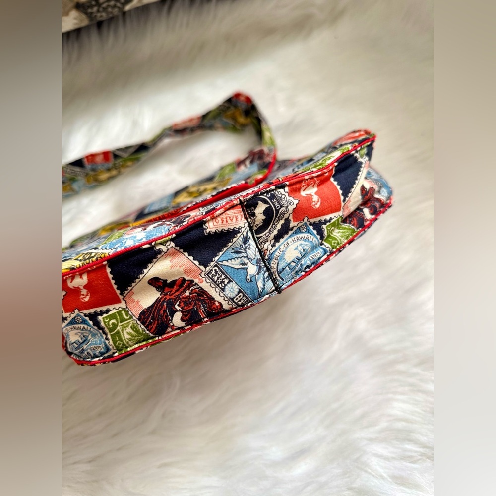 Vintage Postage Stamp Print Shoulder Bag Multicolor Travel-Inspired Handmade - Picture 5 of 11